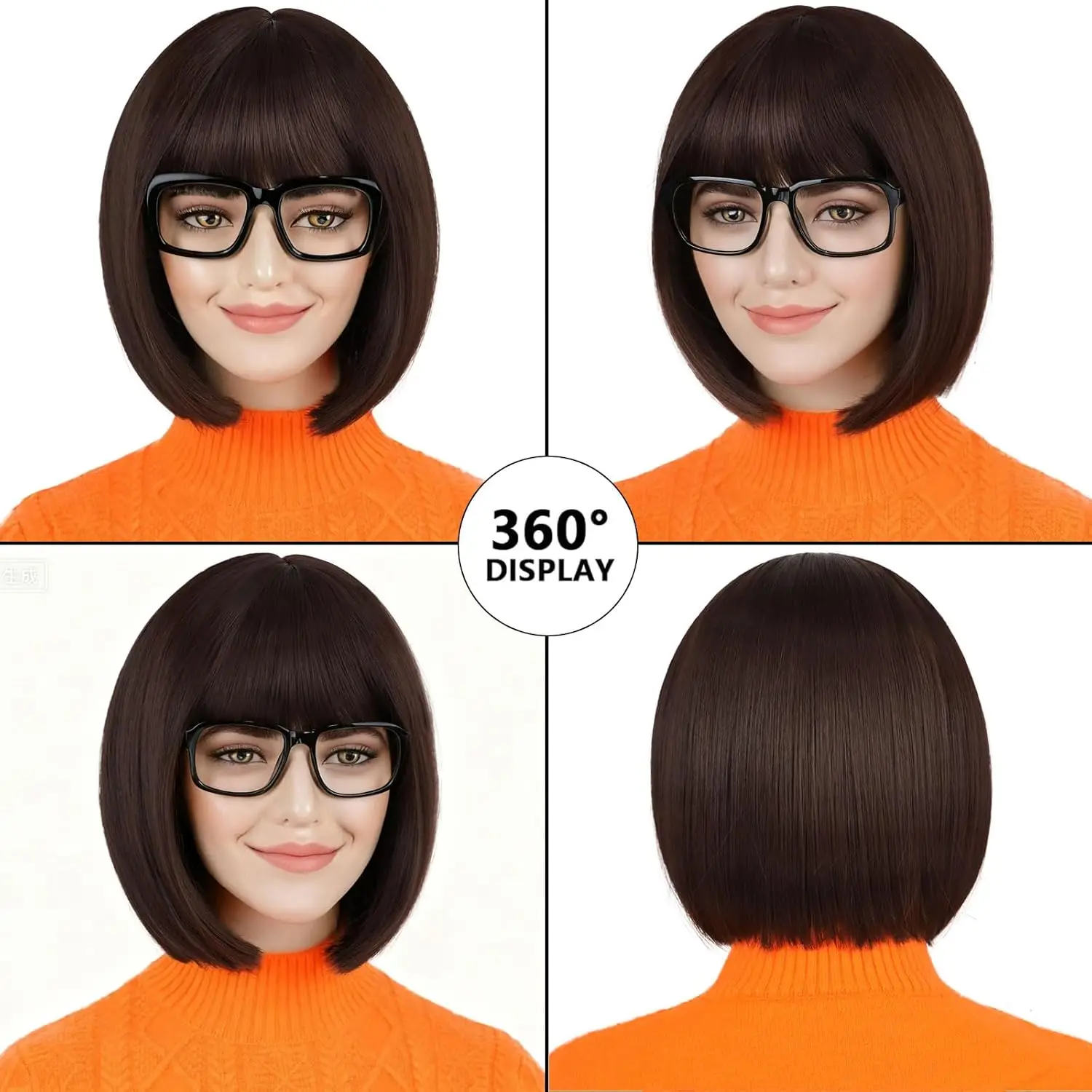 Synthetic 12 inch Wigs Brown Bob Short Wig with Glasses with Bangs for Women Straight Bob Heat Resistant for Daily Party Cosplay