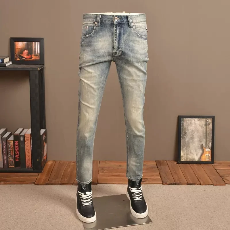 Italian Style Fashion Men Jeans Retro Stretch Slim Fit Ripped Jeans Men Elastic Trousers Vintage Designer Denim Pants Hombre