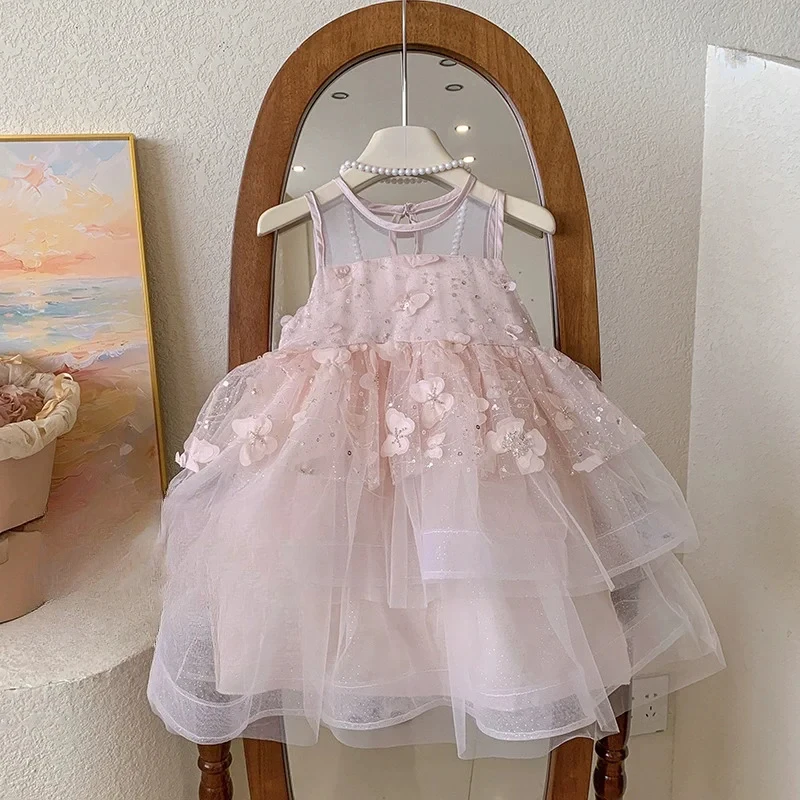 Girl's Flower Dress 2026 Summer New Style Children Girl Thin Mesh Splicing Princess Skirt Kids Fashion Clothes