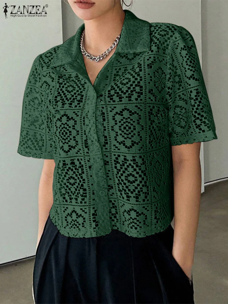 ZANZEA 2025 Summer Women Shirts Short Sleeve Tops Tunic Turn-down Collar Casual Loose Solid Color Hollow Out Elegant Blouses