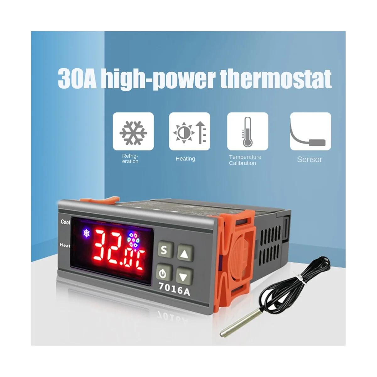 7016A Digital Temperature Controller 220V 30A with High-Power Temp Control Thermostat Heating Cooling NTC Sensor