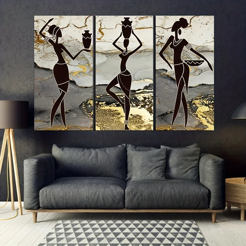 3pcs Golden And Black African Girl Canvas Painting, Ethnic Posters And Prints, Beauty Woman Wall Art, Modern Posters For Livi