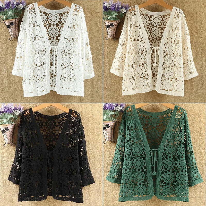 Women Summer Hollow Out Thin Coat Knitted Crochet  Floral Cardigan Long Sleeve Lace-Up Cover Up Jacket Summer Shrug