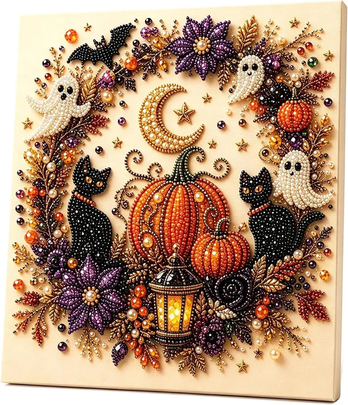 Halloween Ghost Pearl Art DIY Kit,Cute 3D Pearl Mosaic Craft Set & Beginners,Spooky Ghost Pumpkin Canvas Art for Fall Home Decor