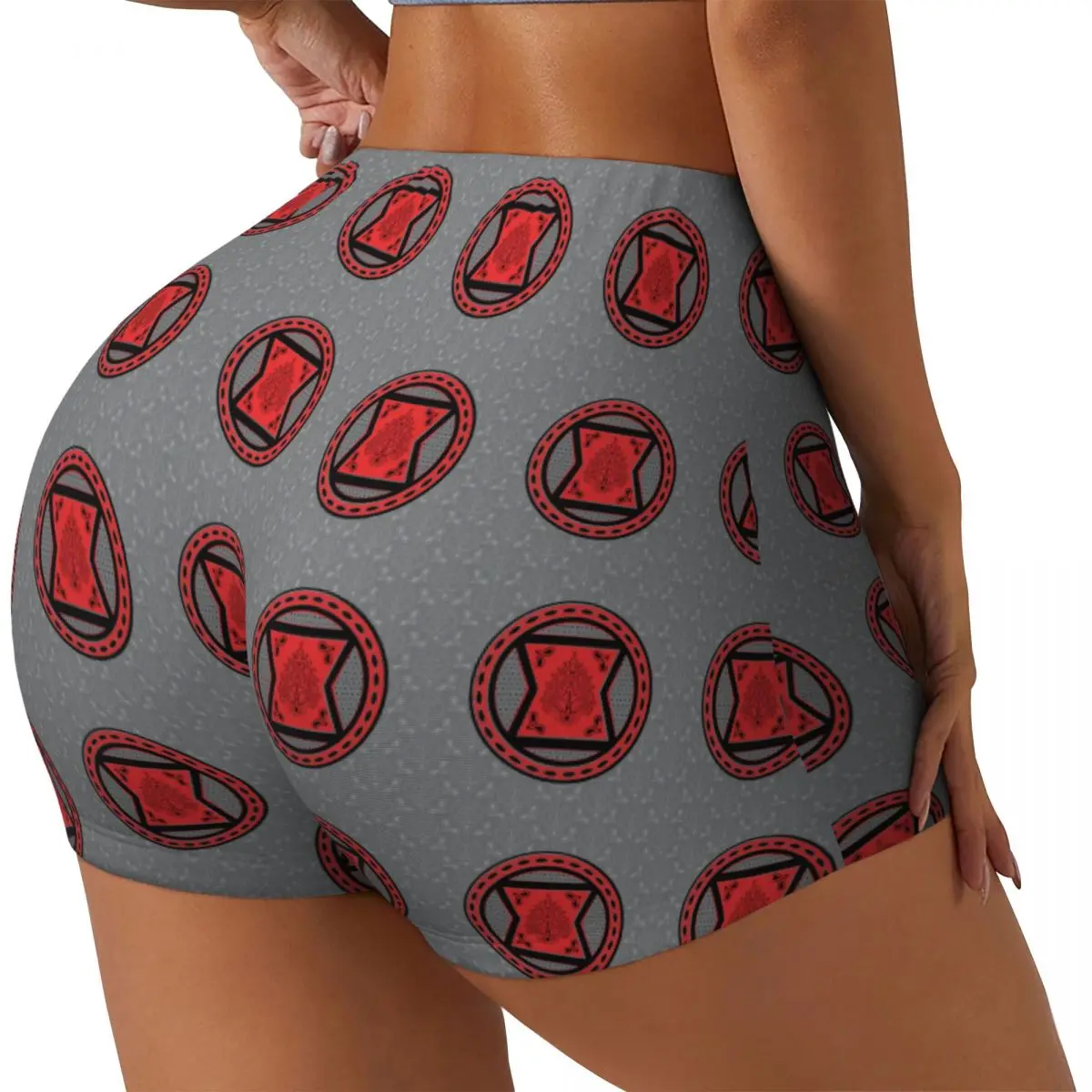 Custom Red & Black Paisley Black Widow Logo Gym Volleyball Biker Shorts Women's Workout Yoga Shorts