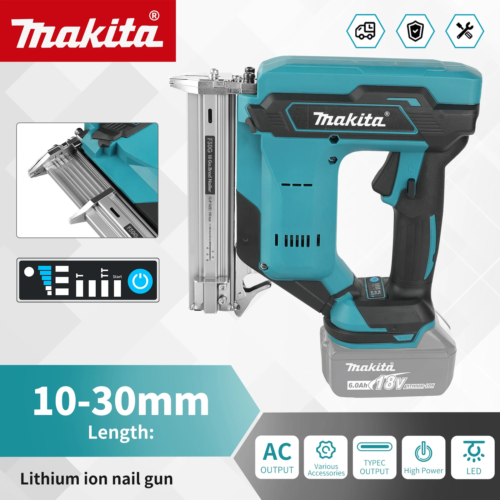 

Makita Cordless Nail Gun:10-30mm Nails,100-Nail Capacity,22900mAh Battery,≤2.5m/s² Vibration,High-Speed&Low-Noise forWoodworking