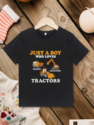 Stylish Cool Boy Black T-shirt Just a Boy Loves Tractors Print Summer Children's Clothing Fine Comfy Fabric Round Neck Tops