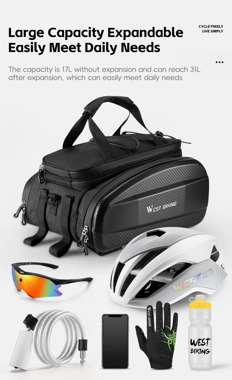 WEST BIKING Multifunktionale Fahrrad-Gepäckträgertasche 17/31L Erweiterbare Hartschalen-MTB-Fahrrad-Heckträgertasche Wasserdichte Schultertasche – Detail 5