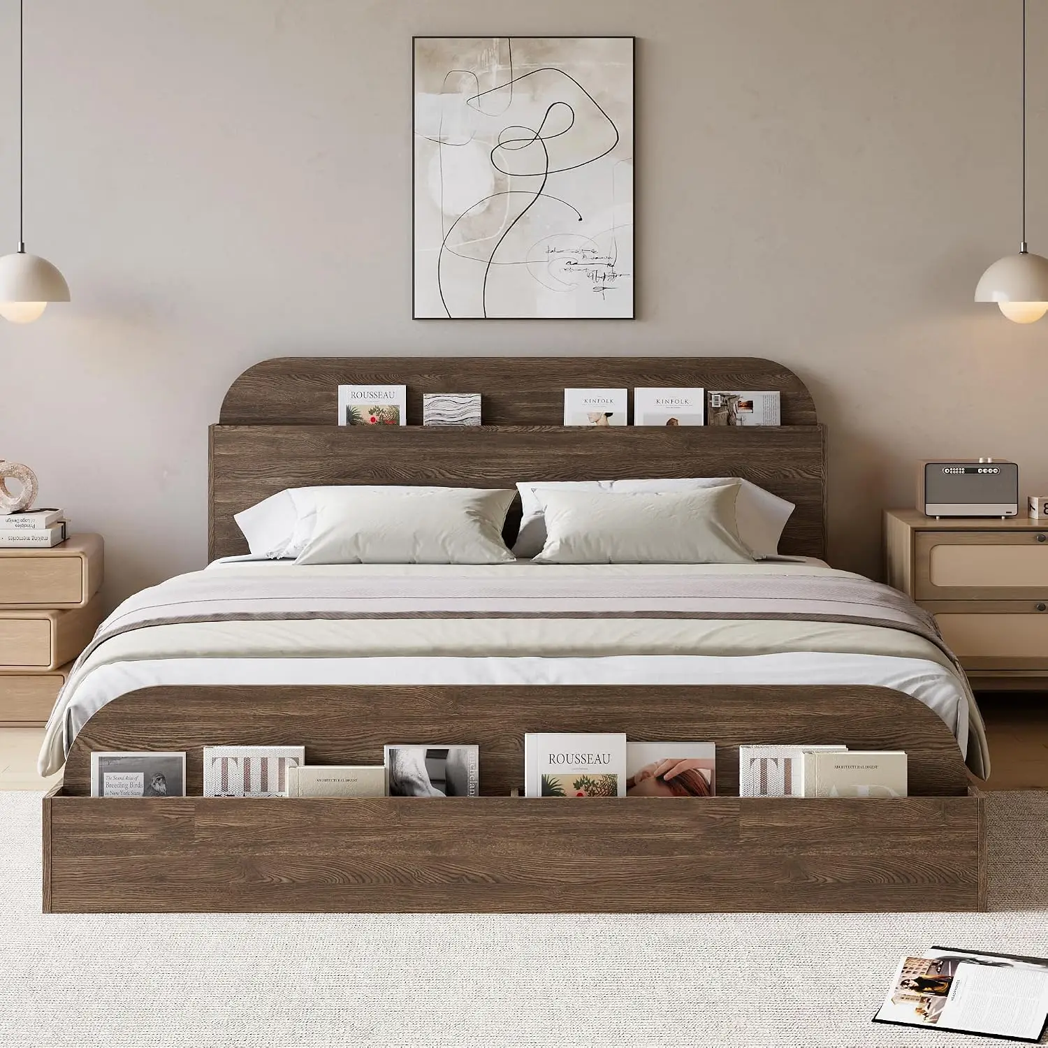 Queen Size Low Platform Bed Frame, Walnut Wood Floor Bedroom Furniture, Customized - view 2