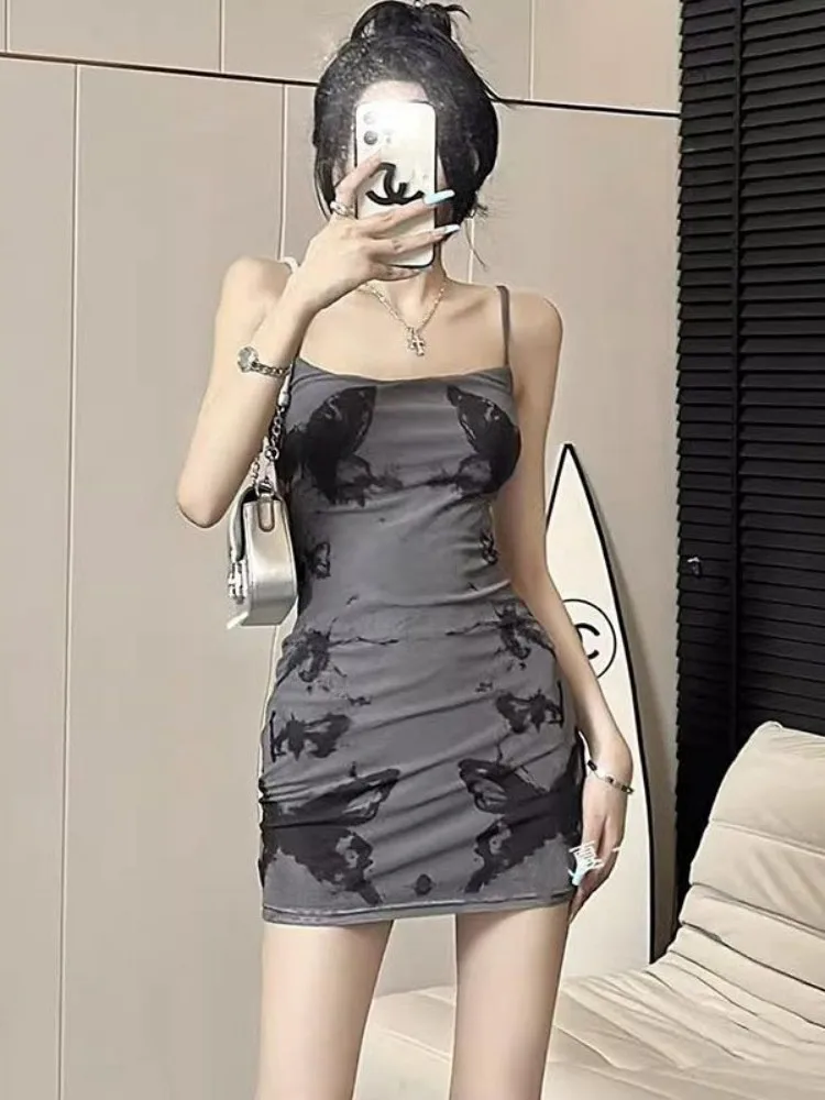 2026 Summer Women Fashion Butterfly Cami Dress Ink Painting Print Bodycon Mini Dress Sexy Spicy Style Slim Fit For Curvy Ladies