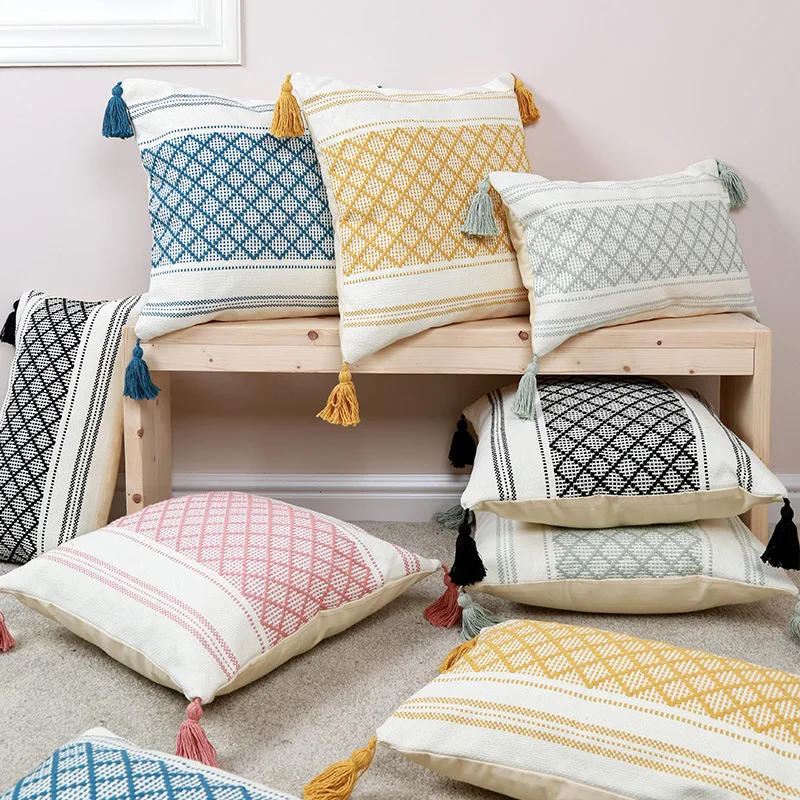 Tassel Woven Pillow Covers Boho Chic Decorative Throw Pillowcase in Natural White Light Beige Linen-Like Polyester
