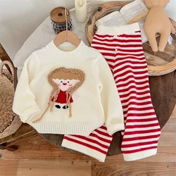 Autumn Winter Kid Baby Girl 2PCS Sweaters Set Cotton Knitted Cartoon Girl Pullovers Striped Wide Leg Pant Suit Child Girl Outfit