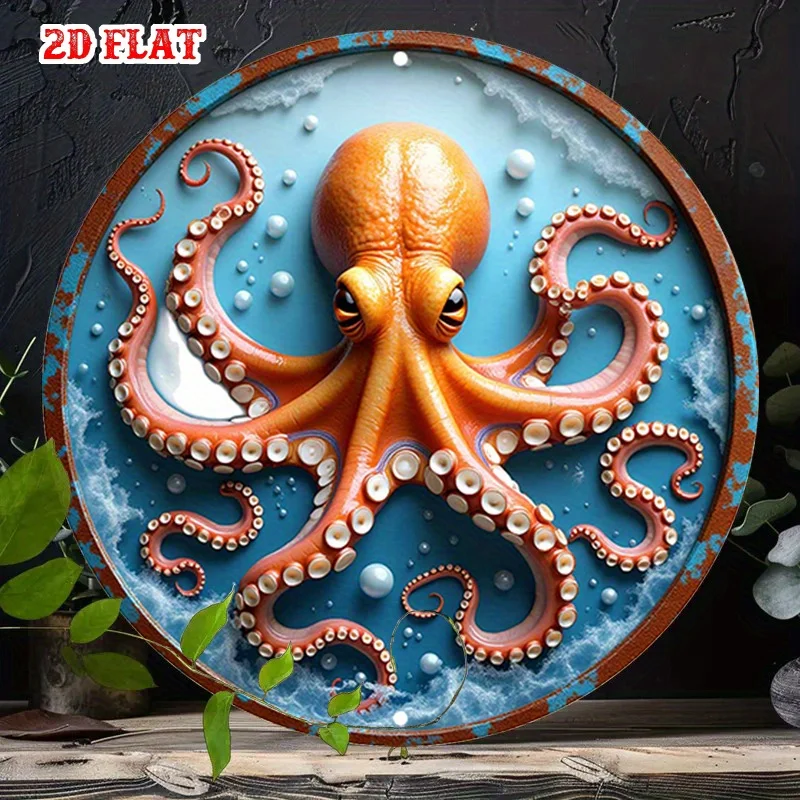 2D Flat, 1pc Vintage Nautical Octopus Metal Wall Decor - Turquoise & Orange Tentacle Design on Blue Ocean Background, Rustic 2D