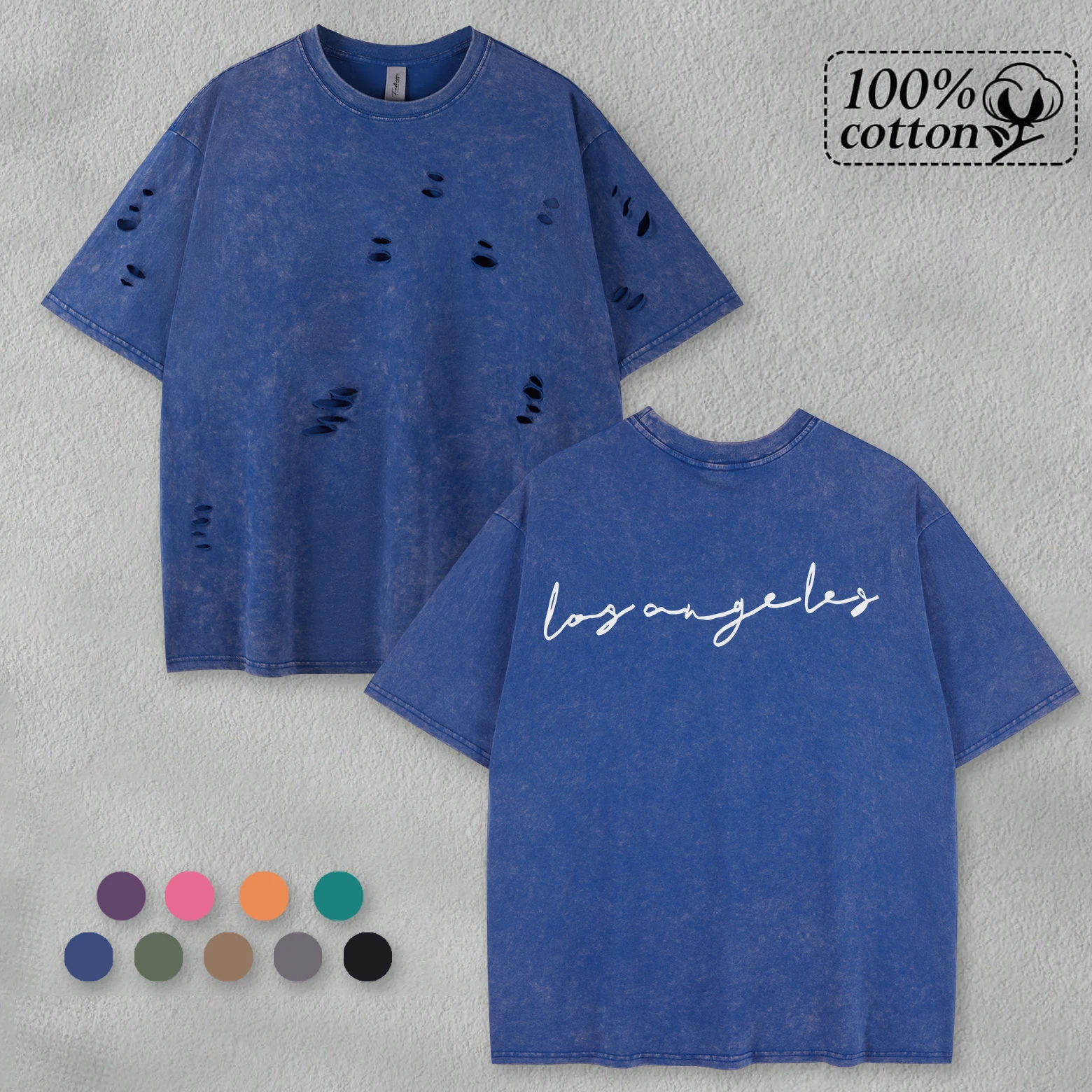 

White Artistic Letters Printed Washed Men Holes T-Shirt Summer Casual Retro Tee Creative O-Neck Top Loose Unisex Streetwear