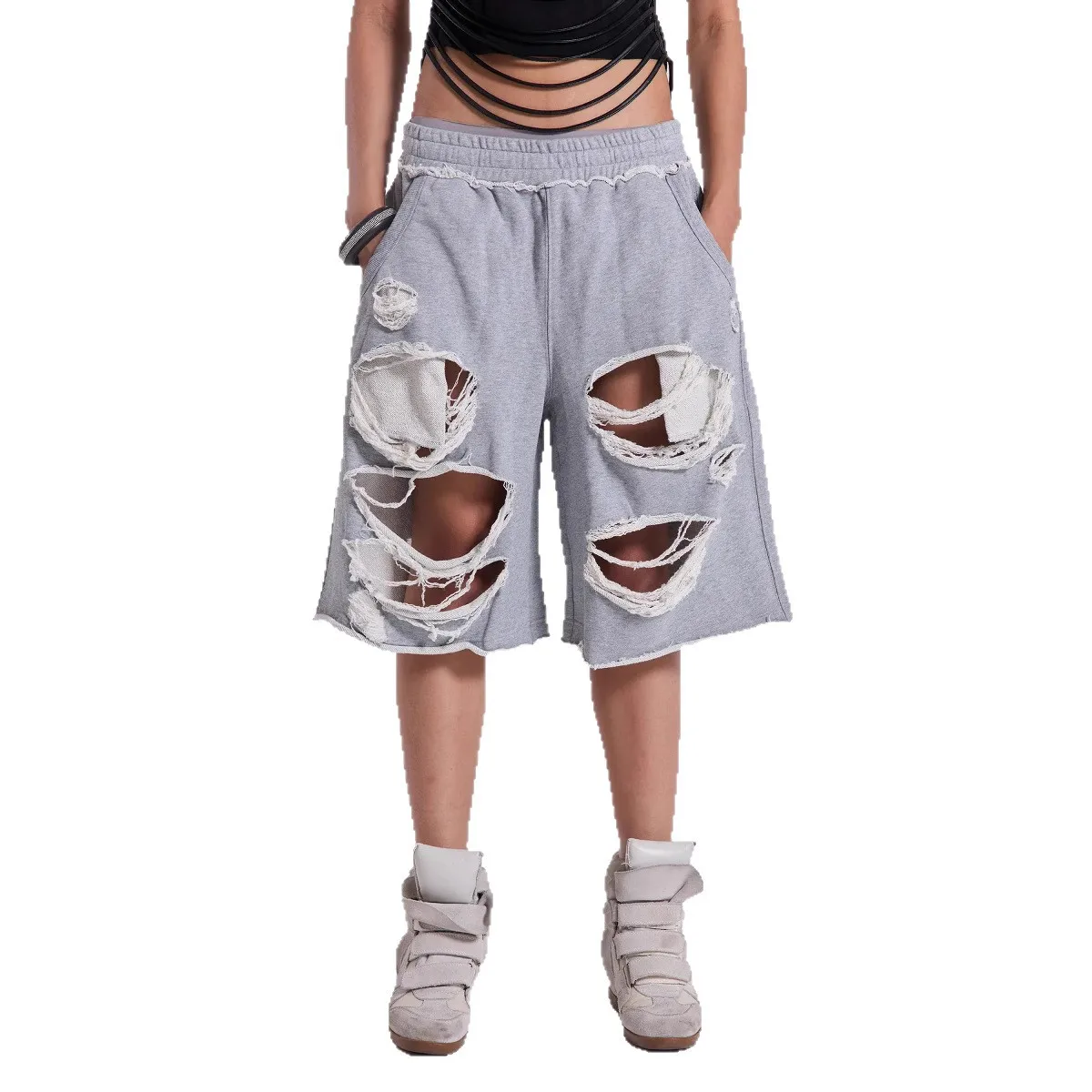 Cross-Border TK Bestseller Jaded orts Streetwear Hip Hop Hole Design Loose Hot Girls Five-Part Pants Casual Loose Fit