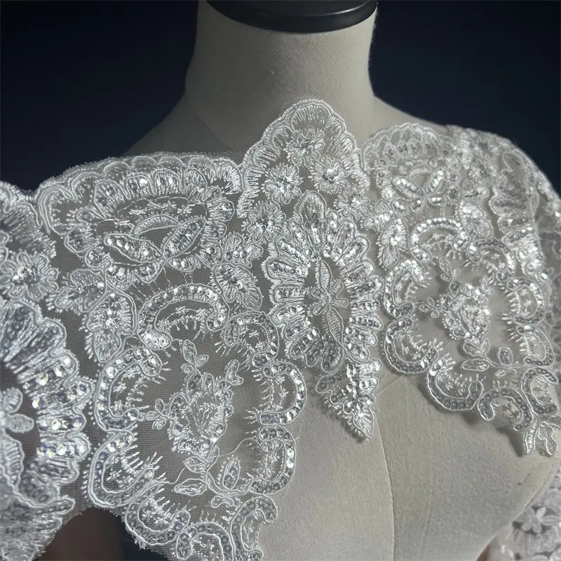 3-yard Luxury Beaded Sequined Lace Mesh Embroidered Water-soluble Court Lace Trim for Wedding Dresses and Gowns 22CM Wide