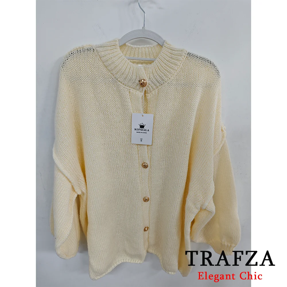 TRAFZA Basic Casual Loose Button Plain Knit Sweater Women\'s Solid Coat New 2024 Autumn Winter Fasion Lazy Cozy Basic Sweater