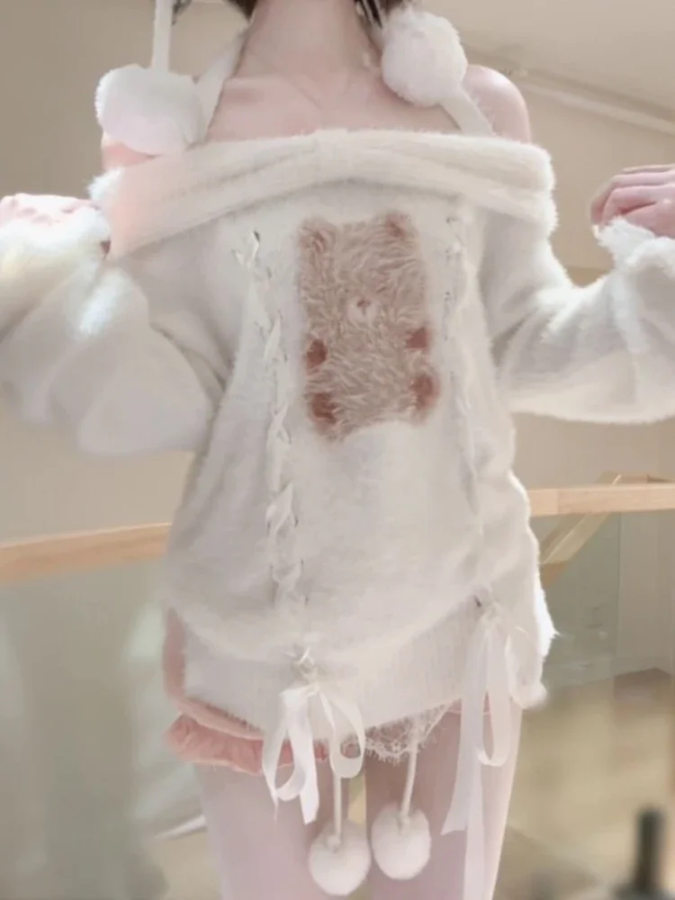 

Y2k Эстетический свитер с бретелькой на шее в стиле Харадзюку, женский осенний жаккардовый бандажный пуловер с котом, винтажный кавайный милый сказочный джемпер