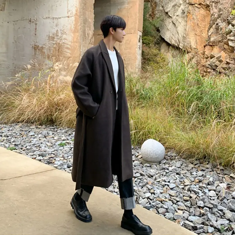 

2022 Korean Style Fashion Single Breasted Long Sleeve Coat Men Thicken Warm Wool Coat Mens Autumn Trench Coat with Belt Q179