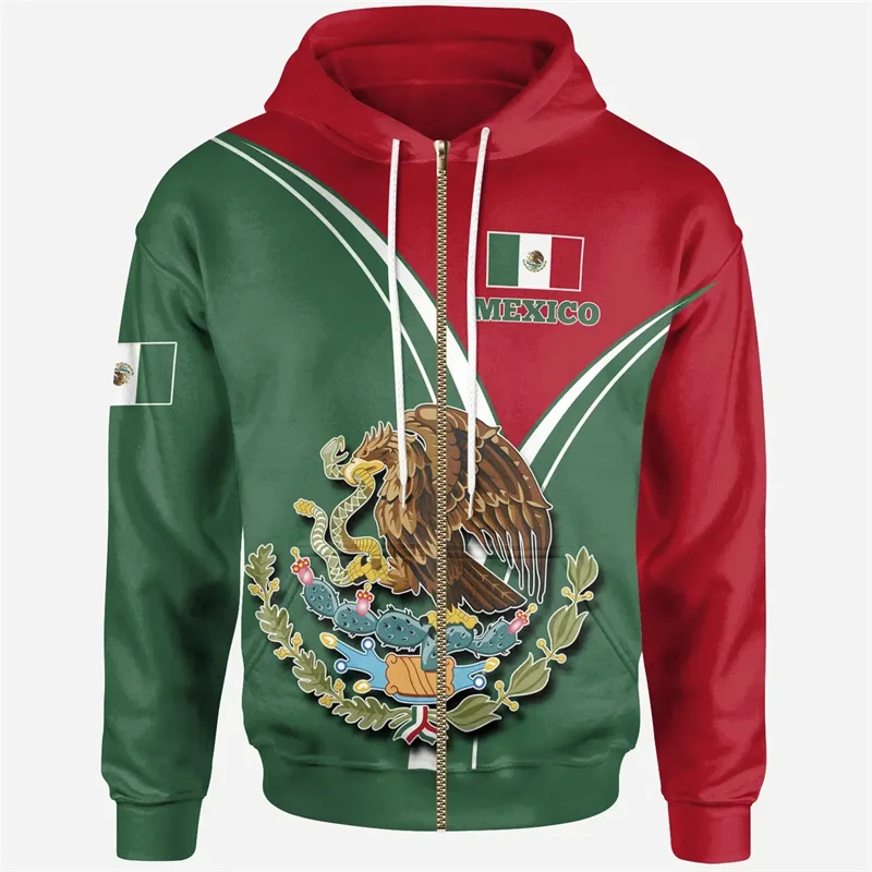 Harajuku 3D Printing Mexico Skull Aztec Warrior Flag Zip Up Hoodies For Men Mexican Coat Of Arms Graphic Zip Up Sweatshirts Tops