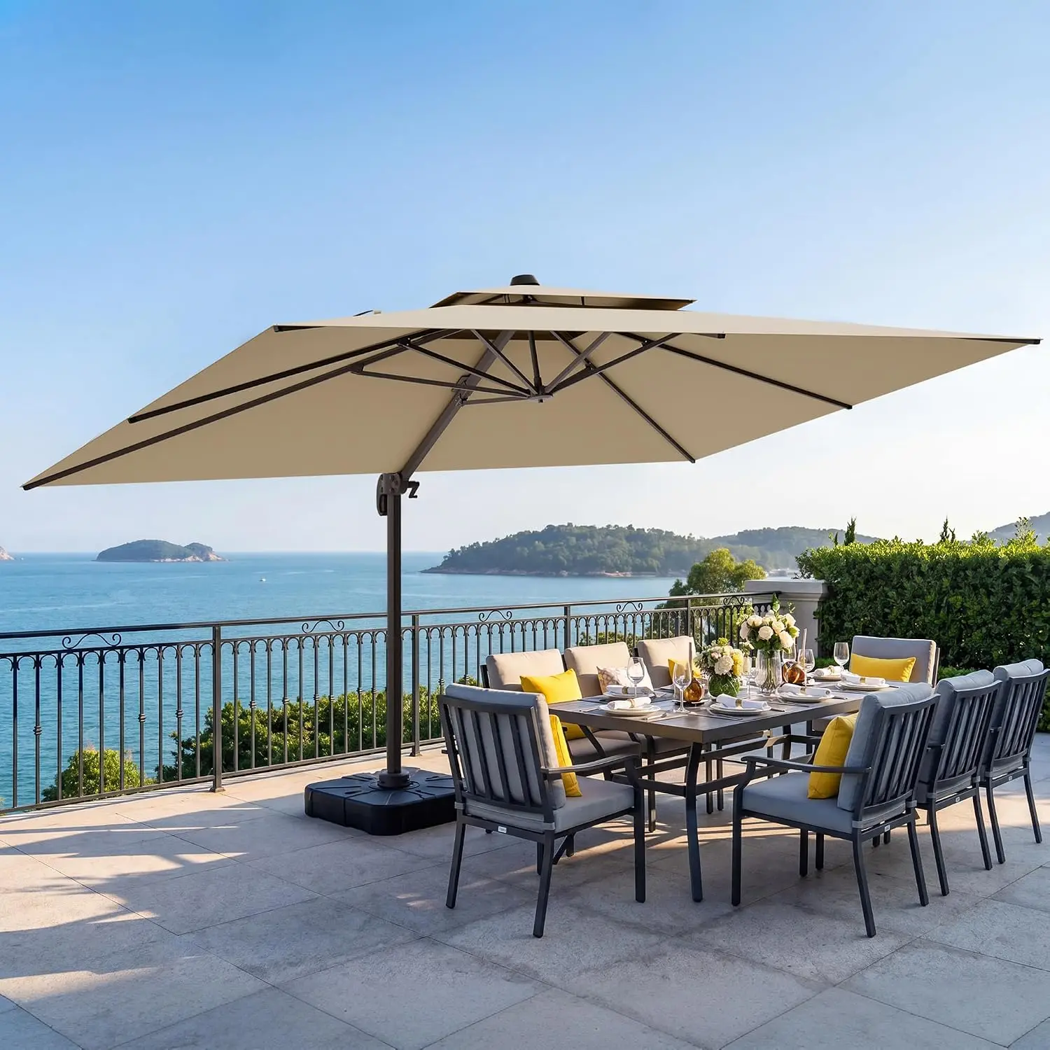 10x13 FT Cantilever Patio Outdoor Umbrella Rectangular Heavy Duty Offset Umbrella, 360° Rotation, Multi-Tilt, Double Top Design
