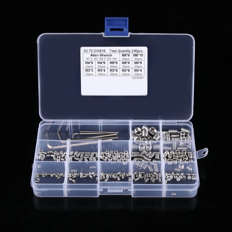 LXAF 240pcs Convenient Set of Screws Allen Head Screws set Hex Socket Head Screws Grub Screw Set nternal Hex Drive Cup-Point