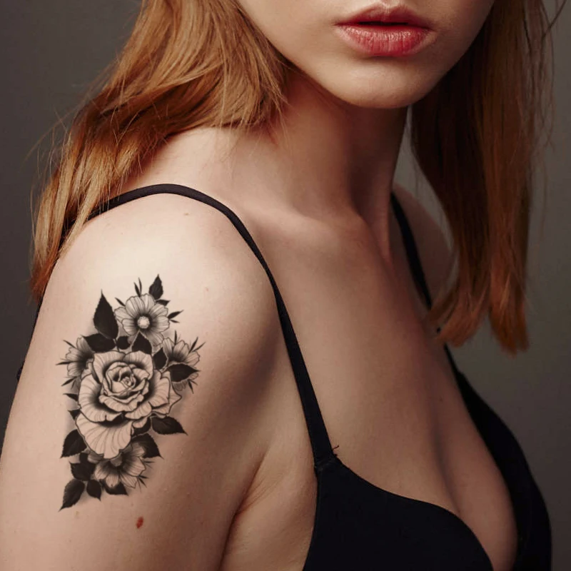 

Tattoo Stickers Black Rose Leaves Flowers Design Fake Tattoos Flash Tatoo Arm Chest Waterproof Temporary Body Art for Women