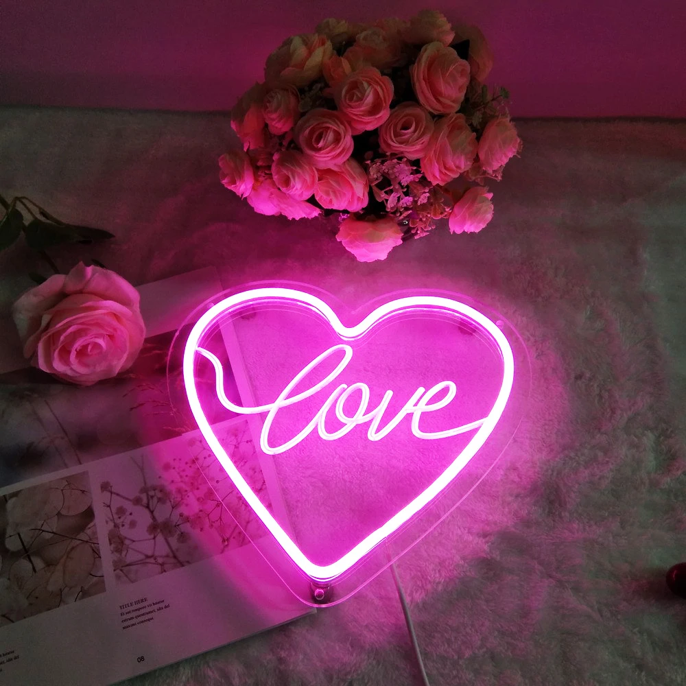 Heart Shape Love LED Neon Sign USB Powered with Dimmer Red/Pink Light 9.8in X 9.4in 5V Small Night Lamp LED Signs for Room Decor