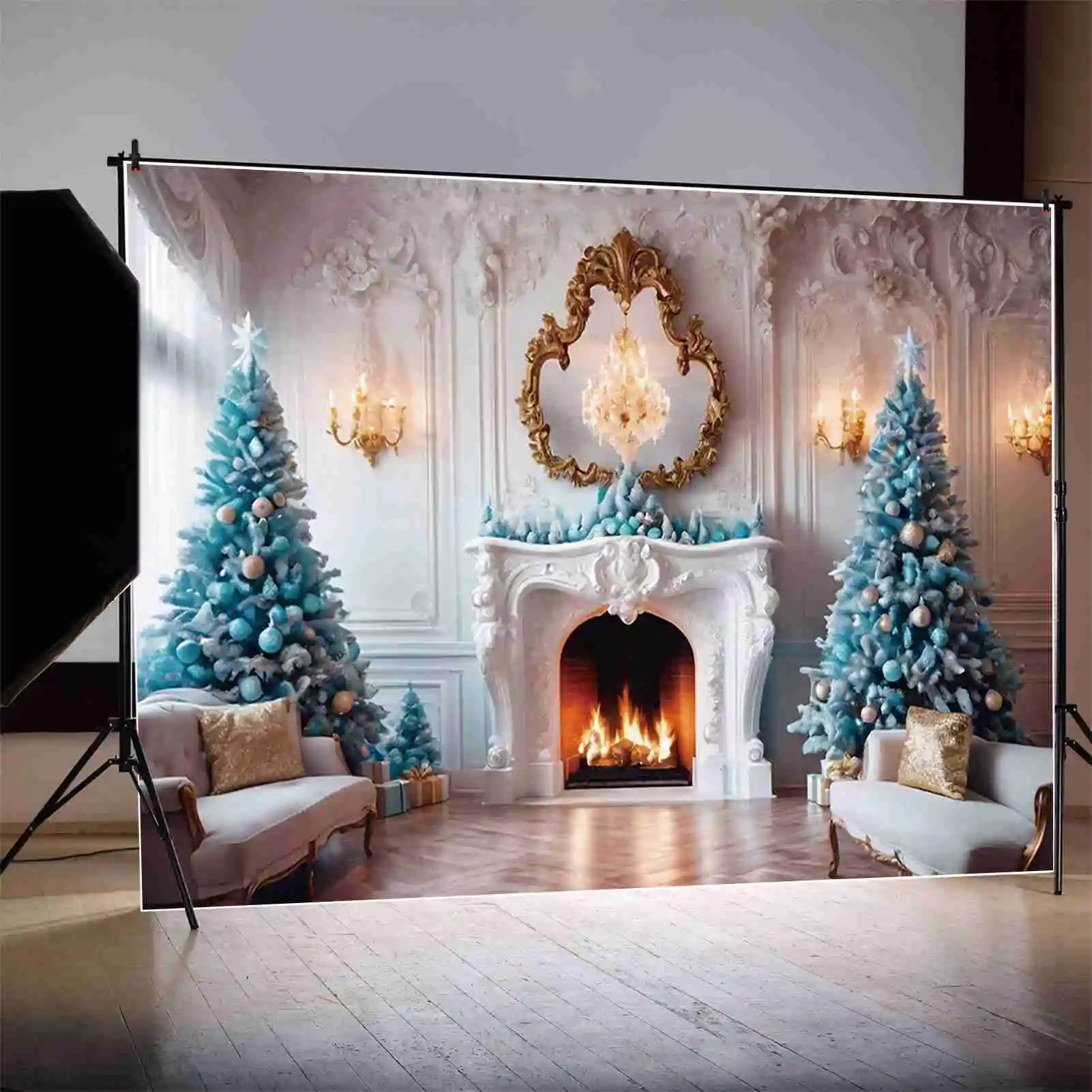 MOON.QG Christmas Party Photography Studio Background Ornamented Pine Tree Fireplace Photo Backdrop Children\'s Photoshoot Props