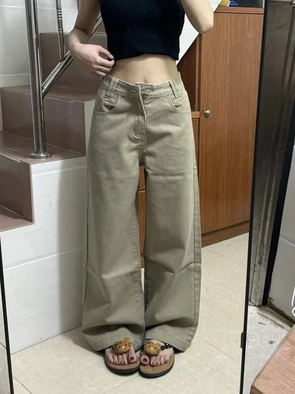

American Khaki High Waist Wide Leg Jeans Women's Small Size Loose Slimming Drapey Straight Long Pants Casual Style