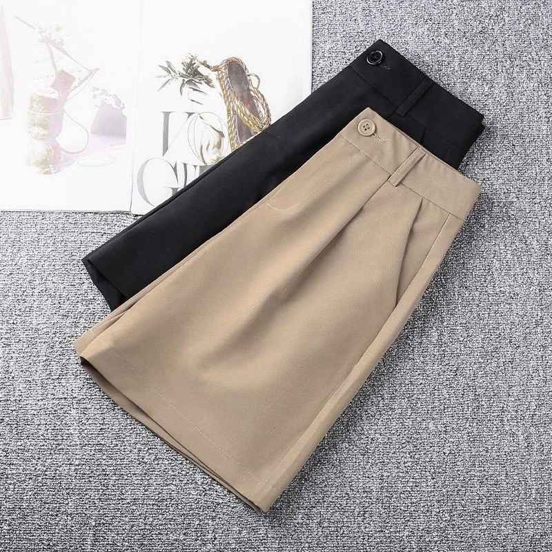 Khaki Casual Wide Leg Shorts Women Summer New Solid Loose Knee-Length Hot Pants Korean All-Match High Waist Suit Shorts Ladies