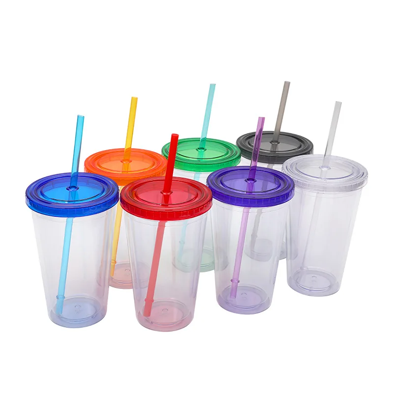 Tazza di paglia colorata con isolamento termico estivo da 16 once con coperchio tazza da tè al latte in plastica a doppio strato bottiglia d\'acqua