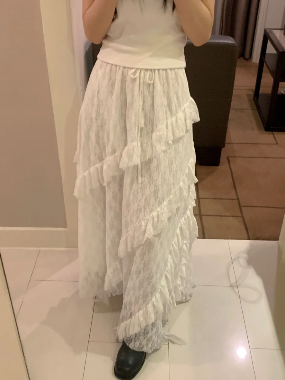 

Chic Spring Sweet High Waist Belted Lace f Skirt Long Women's Faion Commute Sle Asymmetrical Hemline Splice Skirt