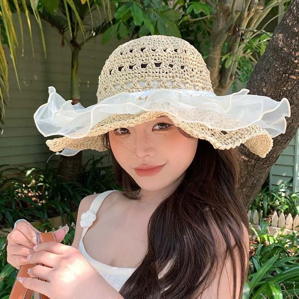 

Sweet Portable Lace Pearls Sun Cap Hollow Out Polyester Straw Weaving Beach Hat Lightweight Thin Big Brimmed Woven Cap Summer
