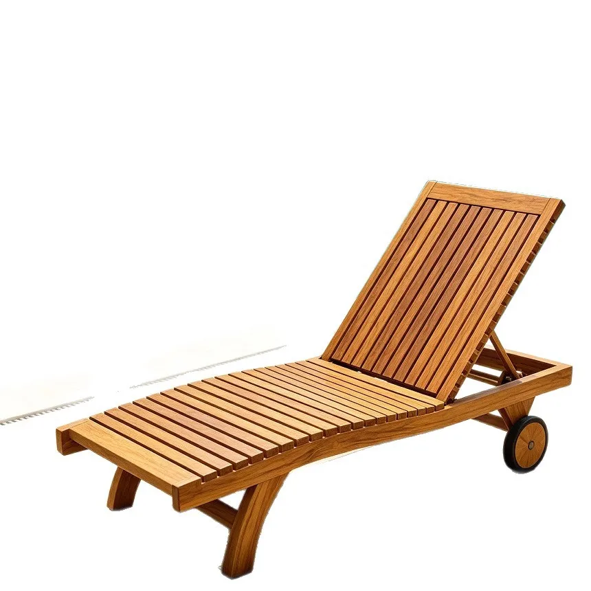 Outdoor Teak Wood Lounger, Pool Beach Patio Reclining Chair, Adjustable Backrest, Relaxing Deck Chair, Garden Sunbathing Bed