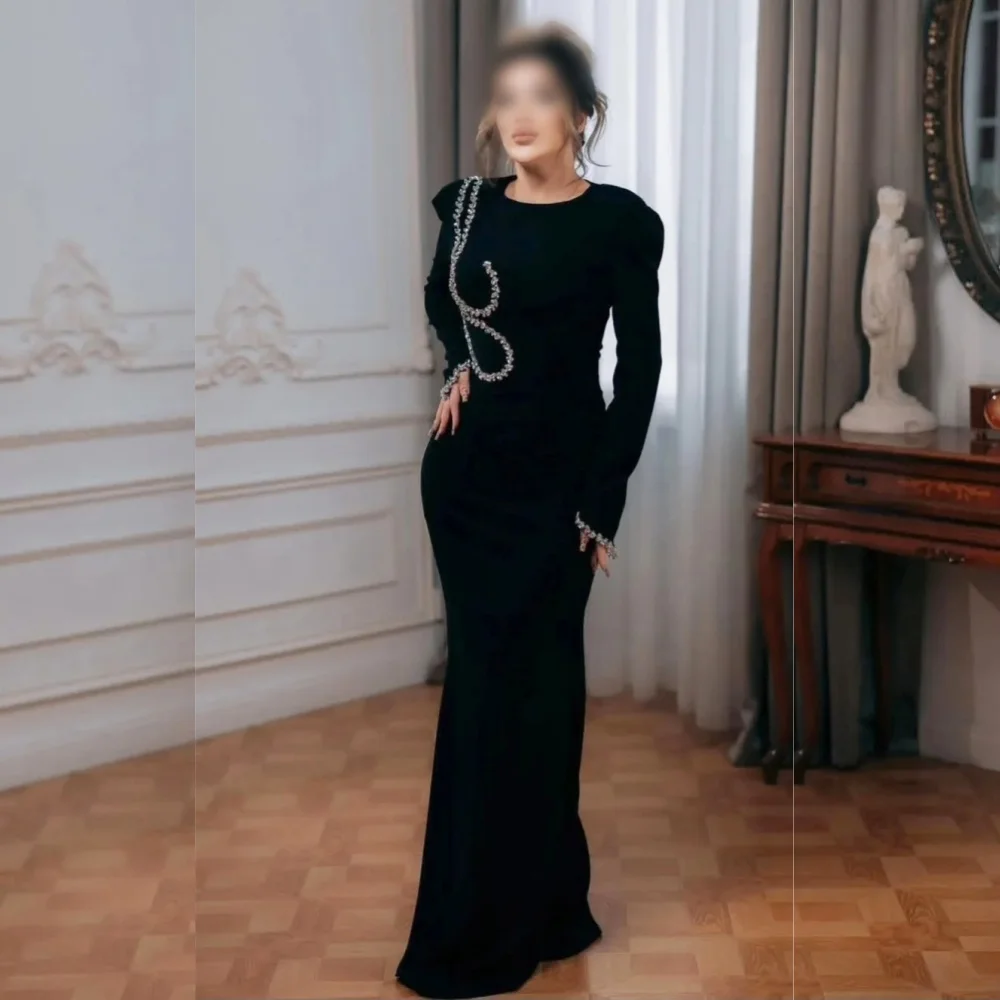 Maßgeschneidertes klassisches O-Ausschnitt mit langen Ärmeln, glitzerndes Trompeten-Schwarz, lange Kleider, elegantes Party-formelles Abendkleid für maßgeschneiderte Anlässe