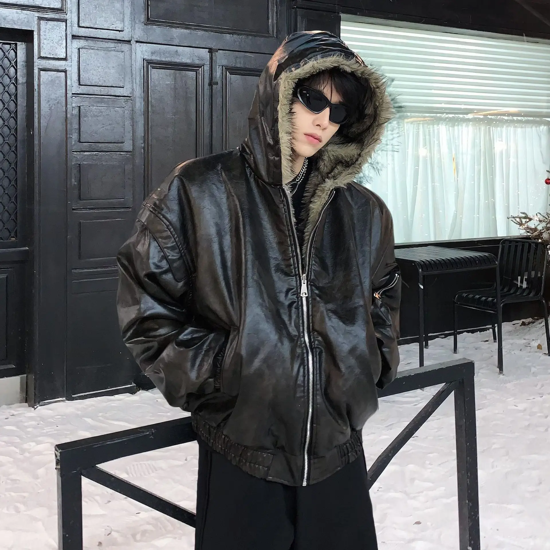 Men Black Zipper Long Sleeve Hooded Black Simple Daily Casual Trendy Loose Fit Faux Leather Jackets Winter Fashion Male Coats