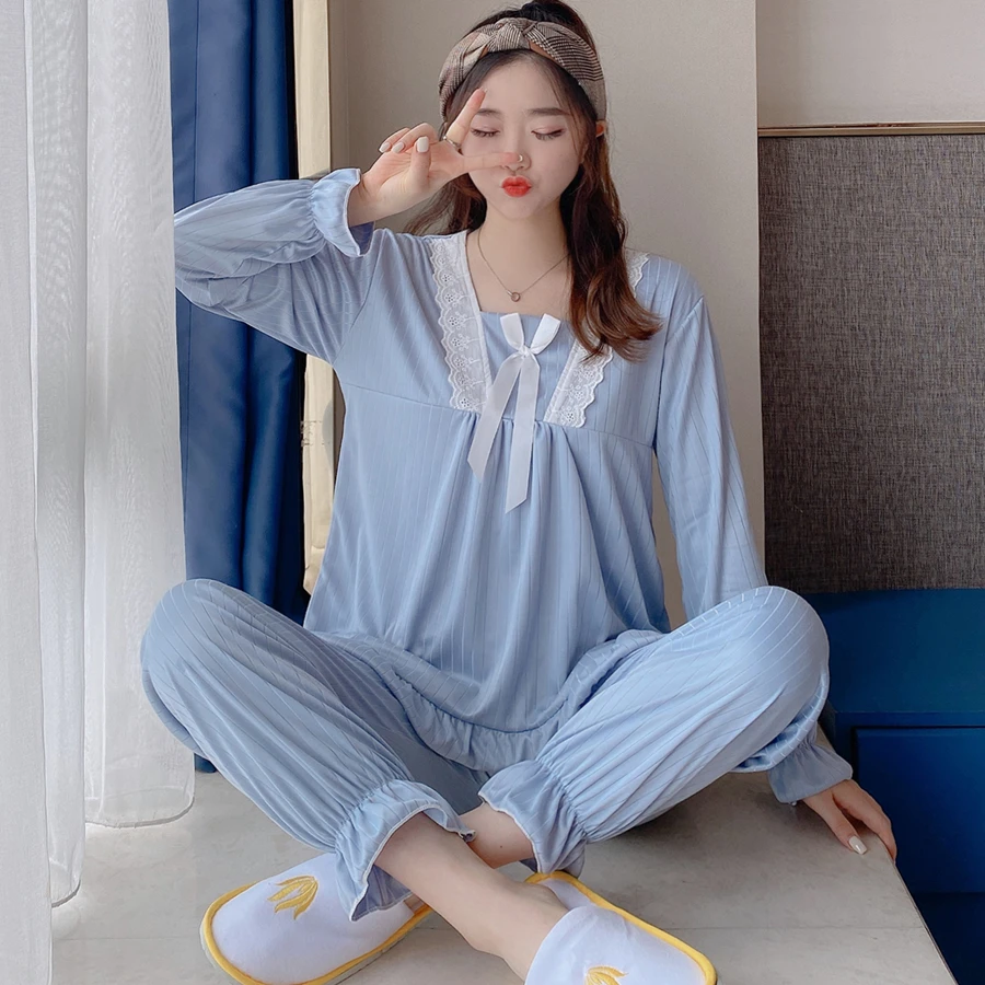 

Autumn new product long-sleeved cotton pit strip pajamas female student princess Korean version casual home clothes 2-piece set