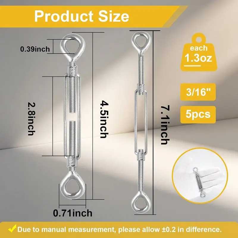 5 Pack Eye & Eye Turnbuckle, 304 Stainless Steel Tension M5 Heavy Duty Turnbuckles Adjustable Wire Rope Cable Tensioner hj