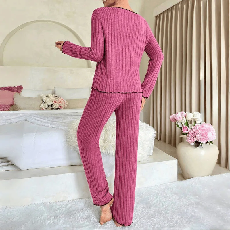 Spring and Autumn New Women\'s Pajamas Home Wear Suit Pop-Up Leisure Home Suit Pit Strip European and American Style Home Wear