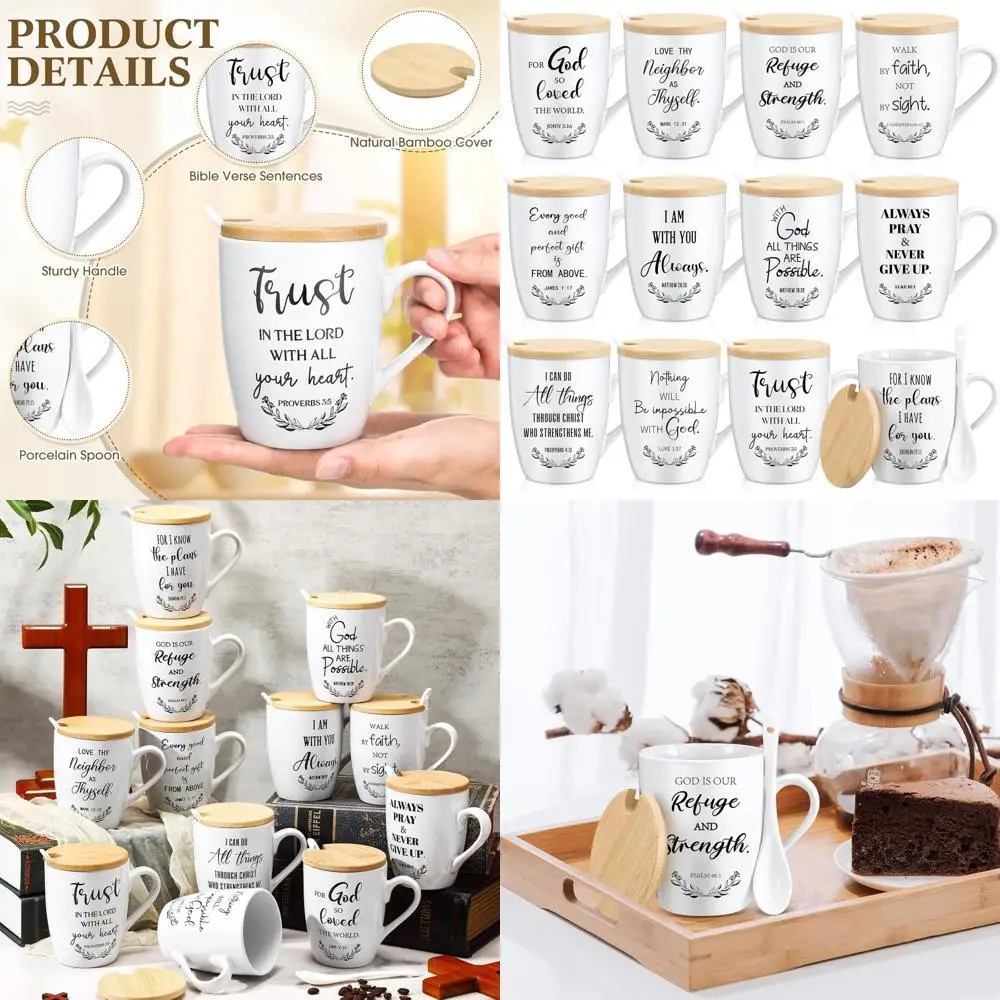 

12-Piece Christian Mug Set: 12oz Bible Verse Ceramic Cups with Lid, Handle, and Spoon - Ideal Christmas Gifts for Churchgoers