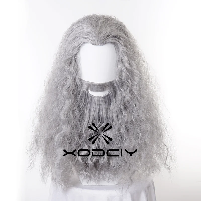남성용 합성 머리카락 애니메이션 코스프레 가발 남성용 간달프 긴 회색 수염 가발 내열성 파티 할로윈 역할 놀이