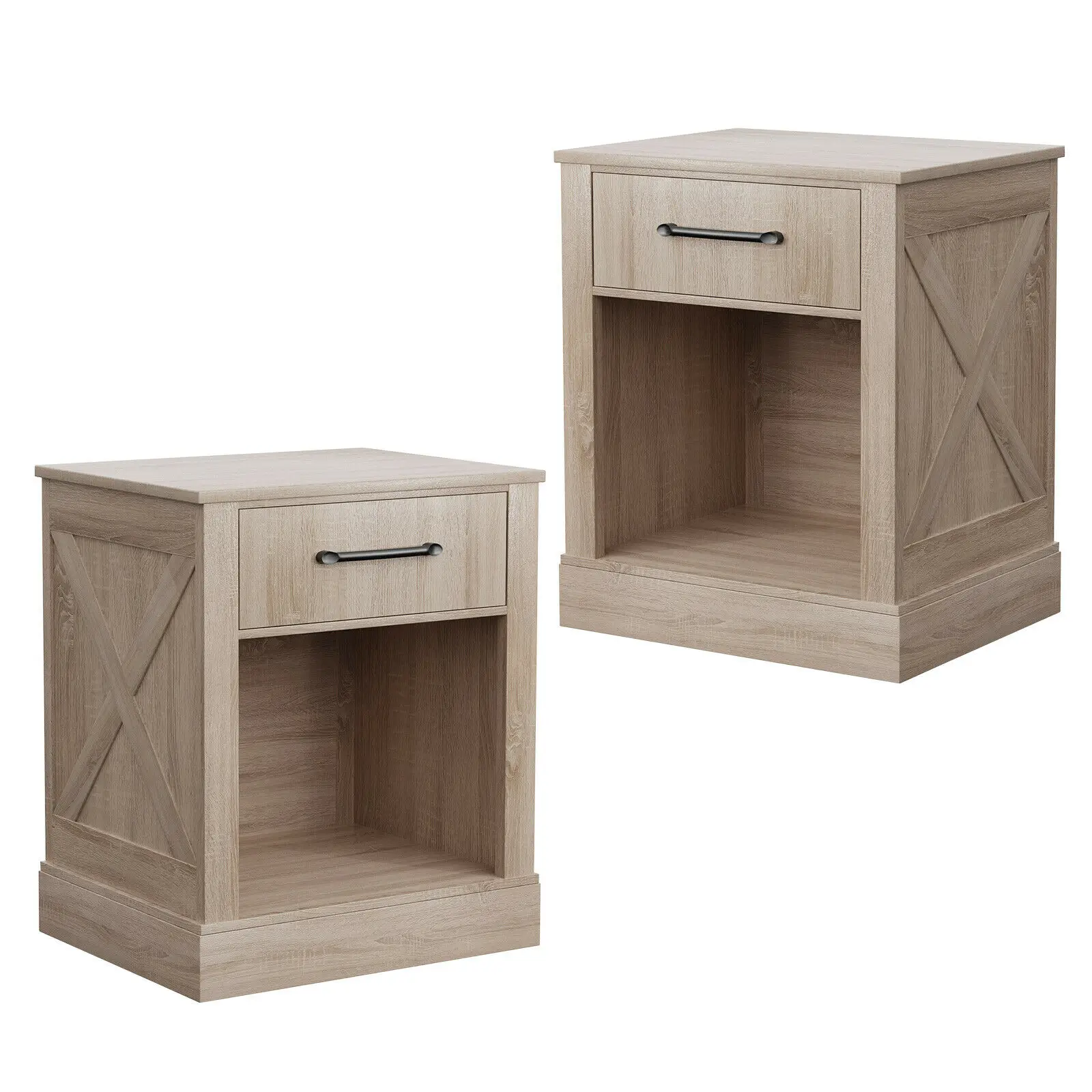 2PCS Nightstand w/ Drawer and Shelf Rustic Wooden Bedside Table Bedroom Natural