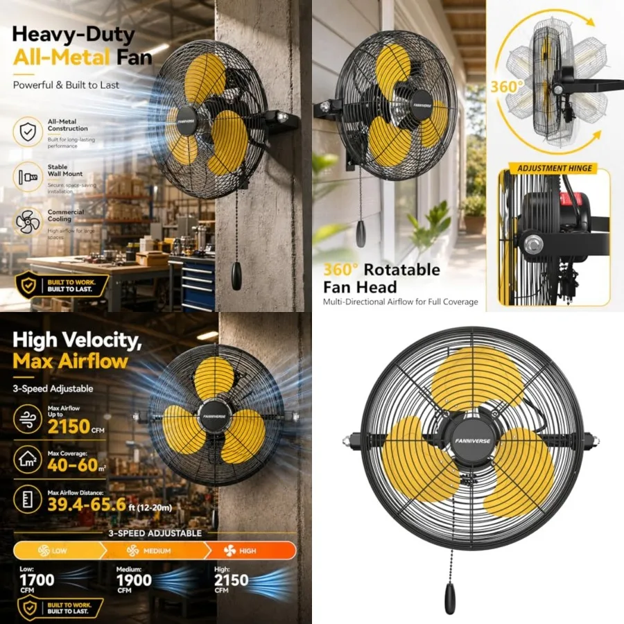 

High Velocity Wall Mount Fan, 800 CFM Heavy Duty Metal Commercial Wall Fan, 360° Tilt and Pull Cha for Garage, Workshop, Gym an