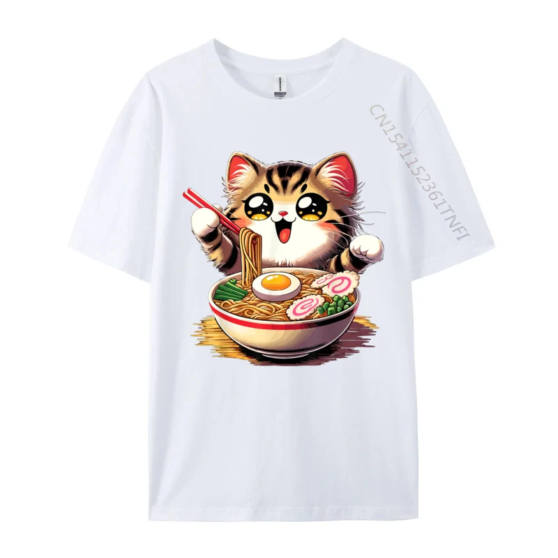 Cat Ramen Noodles Kawaii Japanese Cat Design Fitness Tight Tops Shirts Summer/Fall Cotton Fabric Male T-Shirt Fitness Tight