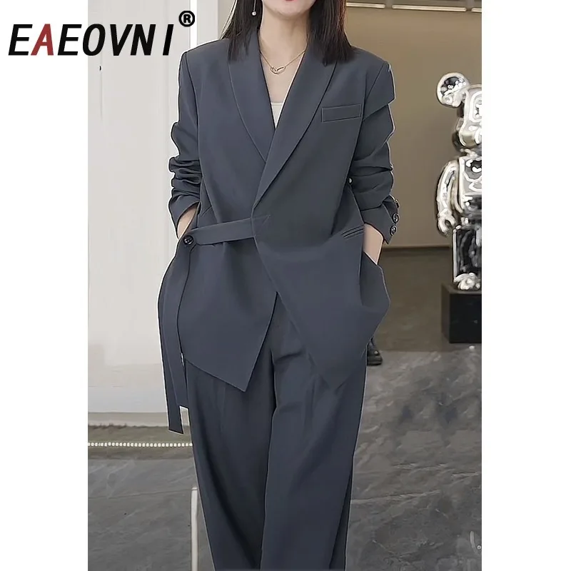 

EAEOVNI Solid Color Women 2 Piece Set Fashion V Neck Belt Spliced Blazer Coat Long Pants Wide Leg Trousers Office Lady Clothing