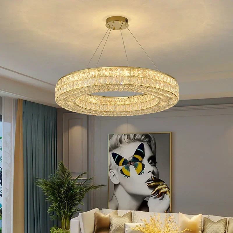 Modern light luxury golden round ceiling crystal chandelier living room indoor creative ring light bright LED chandelier