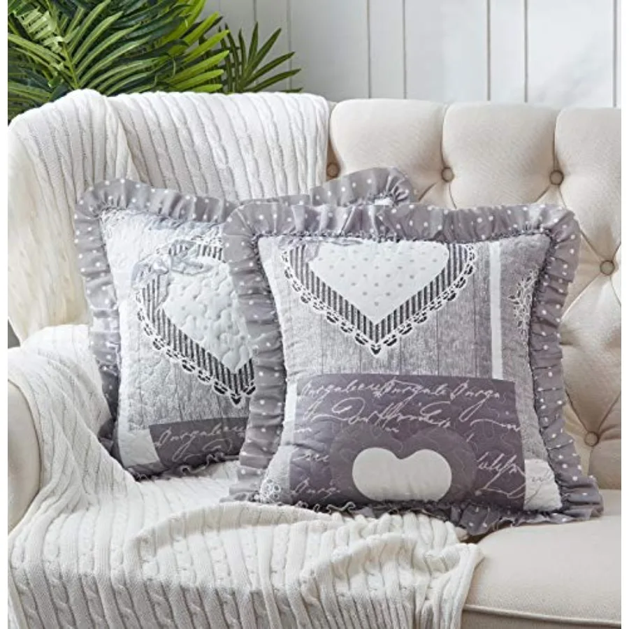 

Grey Heart Love Patchwork Ruffle Pillowshams, Quilted Decorative Pillow Covers Set, Square Throw Cushion Cases for Couch, Recle