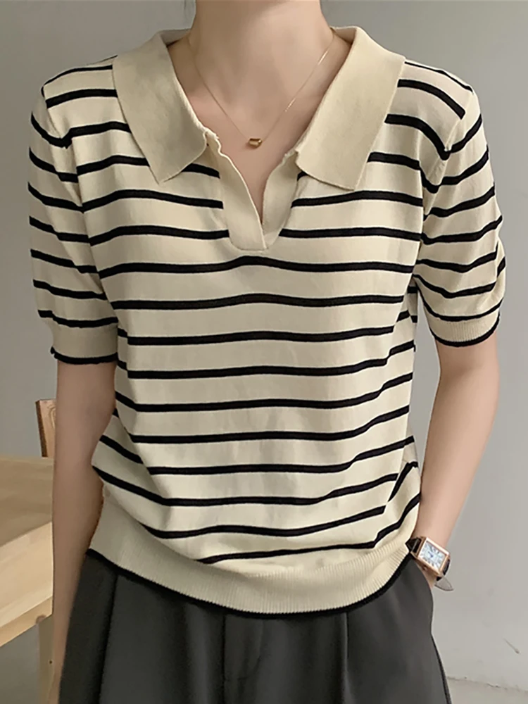 Crop Top T Shirt Women Striped Knitted Tee Shirt Femme 2022 Summer Short Sleeve Tshirt Korean Style Clothes Camisetas De Mujer