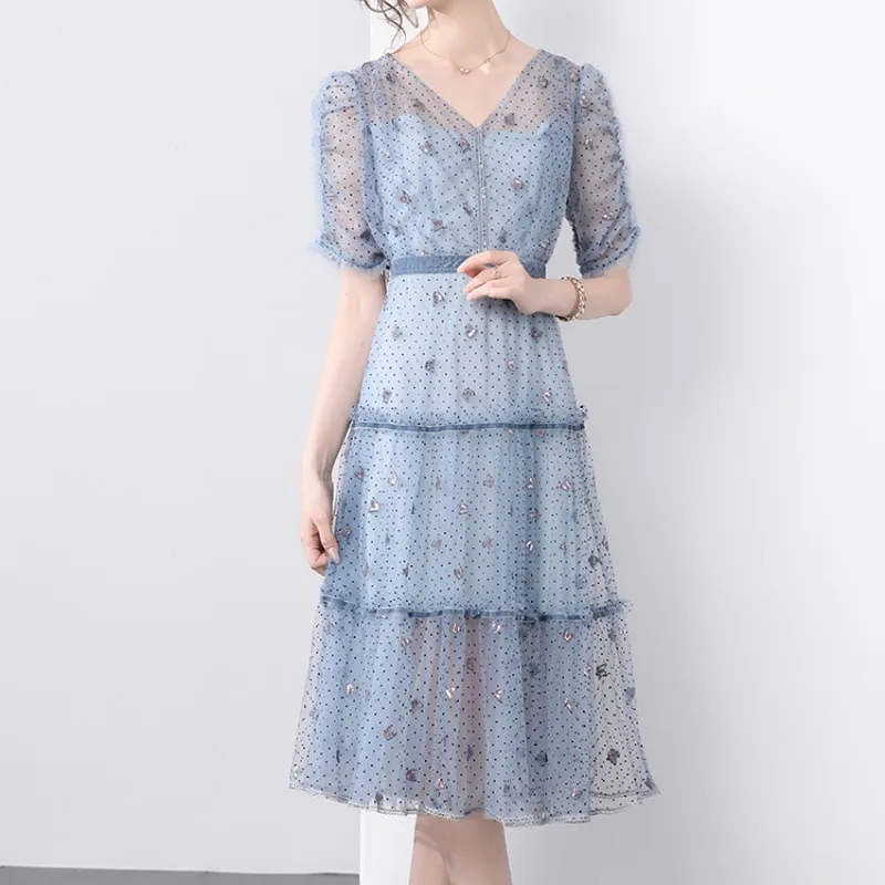 Chic Sequin Butterfly Embroidery Women Dress Elegant V-neck Short Sleeve Blue Mesh Dresses Bodycon Summer Holiday Party Vestidos